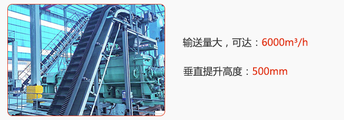 大傾角帶式輸送機輸送量大，可達：6000m3/h，垂直提升高度：500mm