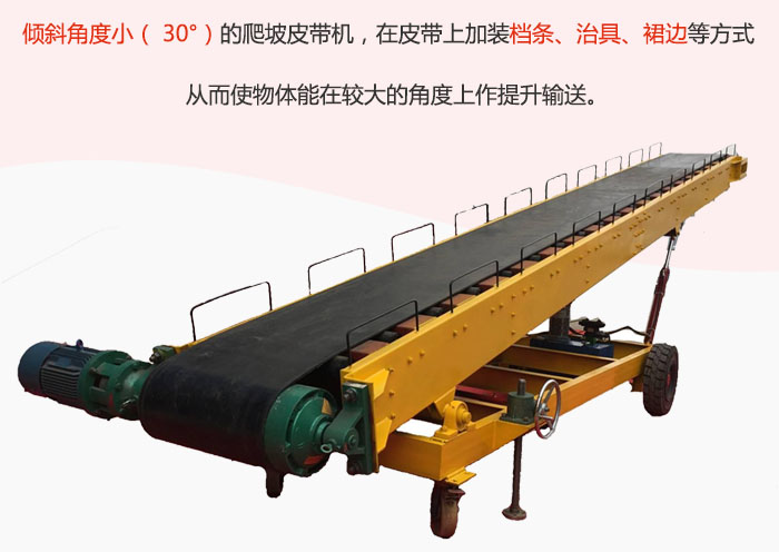 傾斜角度?。?30°）的爬坡皮帶機，在皮帶上加裝檔條、治具、裙邊等方式從而使物體能在較大的角度上作提升輸送。